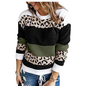 Woman's S/M Animal Print Color Block Knit Strip Sweater Cinch Waist